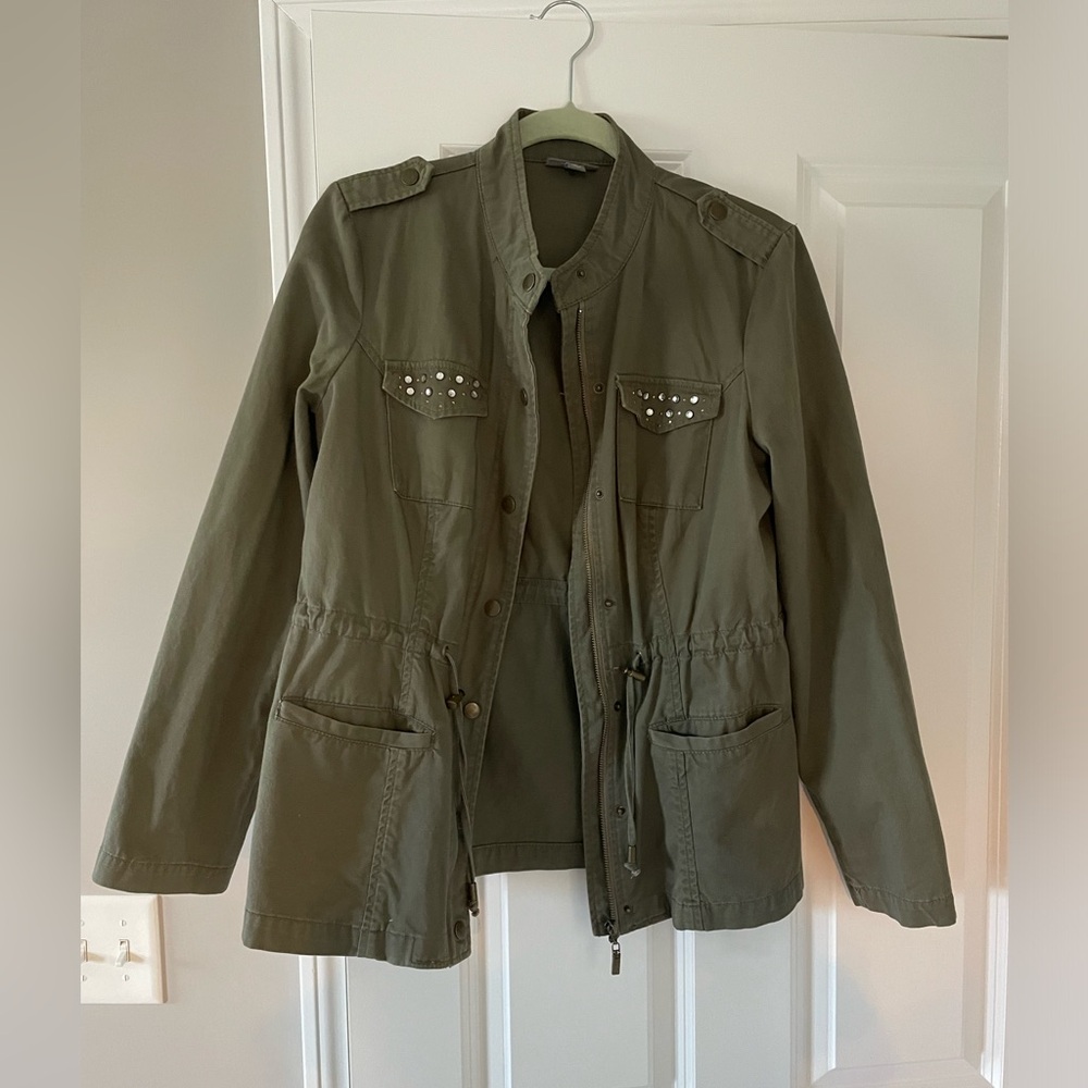 Olive green utility jacket with embellishment